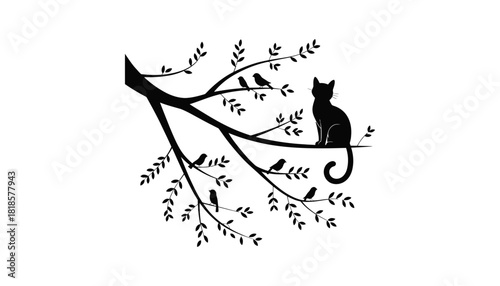 Cat silhouette on tree branch with birds vector illustration