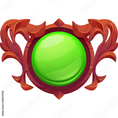 A vibrant green orb set within an ornate, carved wooden frame, designed as a fantasy game asset.