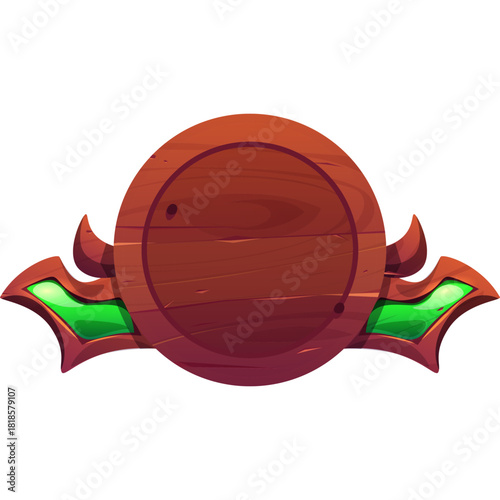 A fantasy game UI element featuring a round wooden shield with ornate wings and green gems.