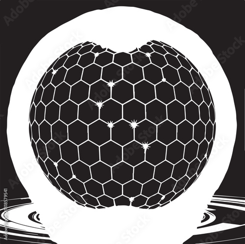 Dark vector sphere or orb with subtle speckled pattern reflecting on a calm water surface