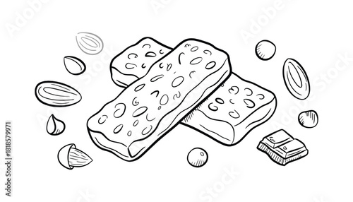 A drawing of two granola bars with almonds and chocolate pieces around