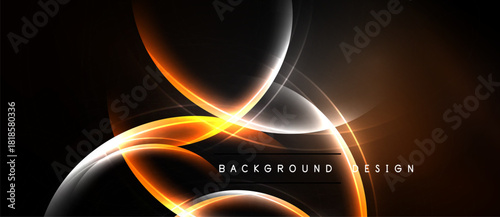Abstract design features glowing orange curves, white lines against dark background. Text reads background design. Modern, dynamic composition.