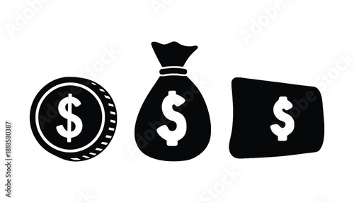 Money icons dollar sign coin bag and card vector illustration
