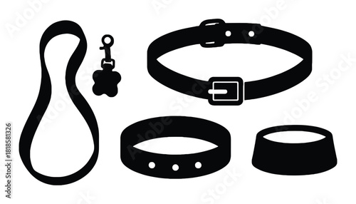 Dog accessories set leash collar tag bowl pet supply vector art