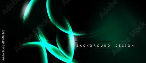 Abstract design features flowing turquoise lines against dark background. Modern aesthetic, dynamic curves create visual interest.