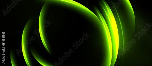 Abstract design features luminous green curves against dark background. Shapes suggest movement, energy, modern aesthetic. Minimalist composition.