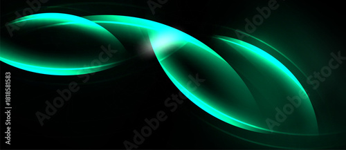 Abstract glowing shapes, teal color, dark background. Smooth curves create dynamic visual effect. Minimalist design.