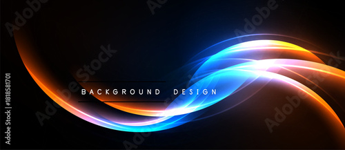 Abstract glowing lines form dynamic wave pattern. Dark background emphasizes vibrant colors, creating futuristic visual effect.