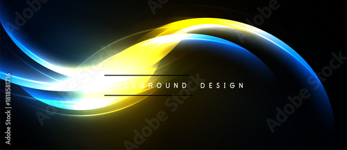 Abstract flowing lines, vibrant yellow, blue hues over dark background. Modern design element, dynamic composition.