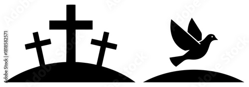 Christian religious icons set featuring three crosses on Calvary hill and flying holy dove silhouette vector illustration