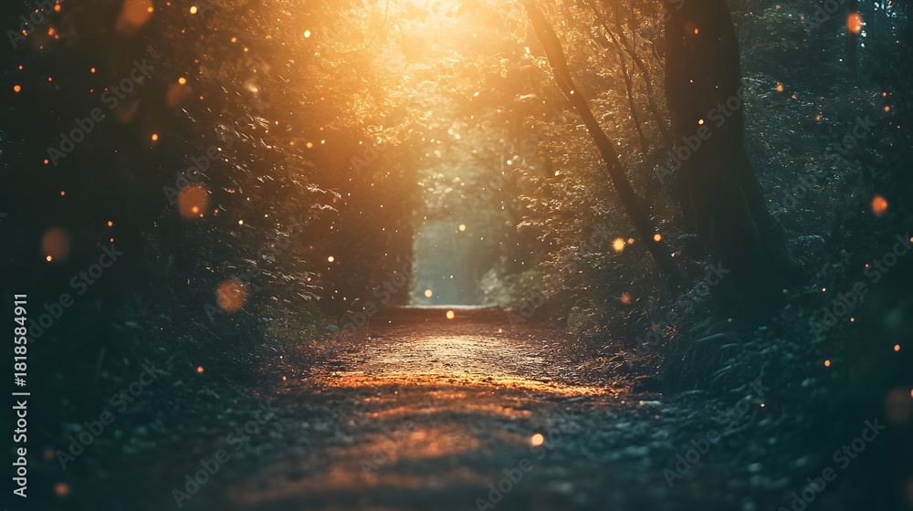 Fototapeta premium A sunlit path through a lush, green forest, with a magical, golden glow.
