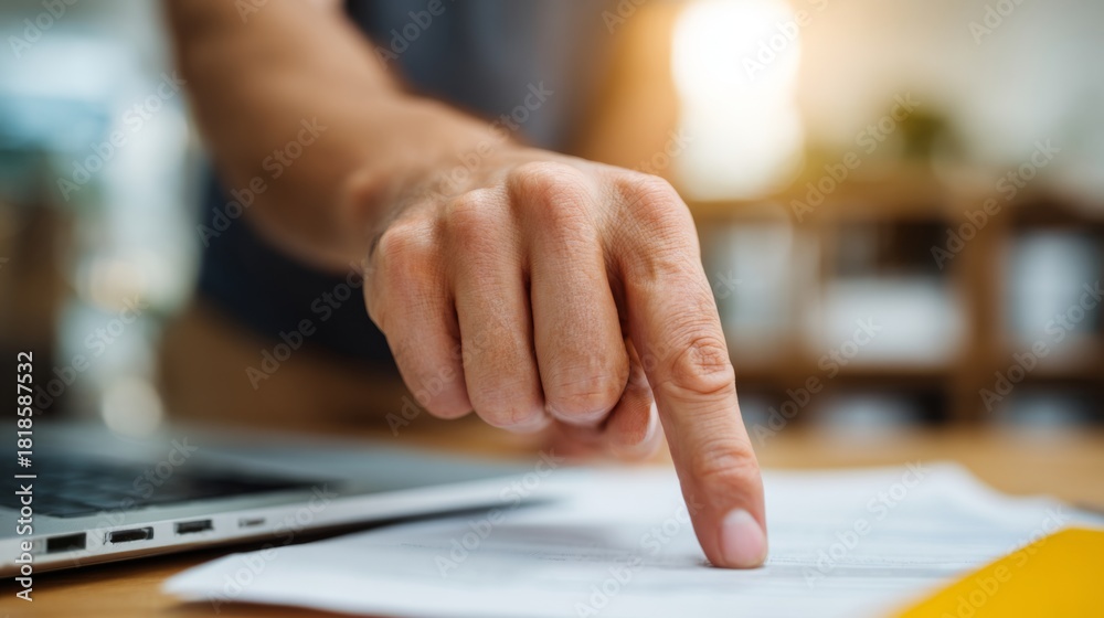 Fototapeta premium A close-up of a male hand, focused and determined, pointing at a document on a wooden desk beside a laptop.