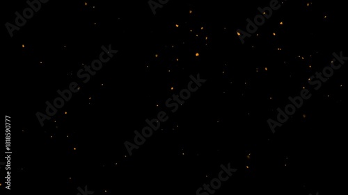 Shimmering dust particles fly in the air with fire embers and sparks on black background, abstract bokeh dust floating slow motion, surreal ember fire dust rising up, 4K loop overlay.
