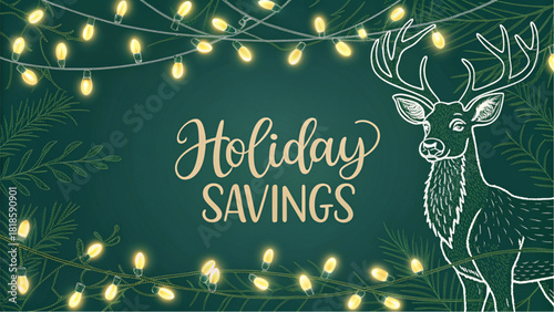 Holiday Savings Banner with a Line-Art Reindeer and Glowing Christmas Lights.