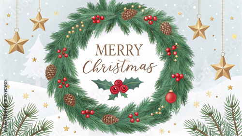 Watercolor Wreath with Pine Cones and Ornaments on a Light Blue Snowy Background.