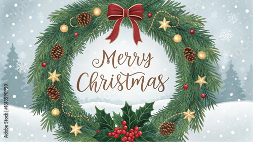 Traditional 'Merry Christmas' Greeting Centered in an Ornate Evergreen Circle.