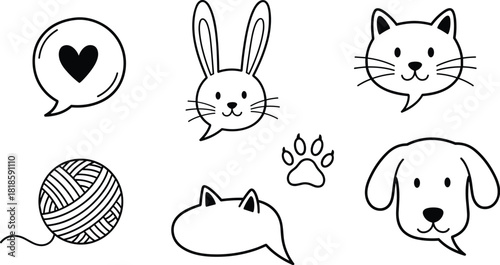 Collection of cute animal faces and speech bubbles, including a cat, dog, rabbit, and paw print, isolated on white background perfect for adding a touch of whimsy to your designs