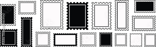 Collection of postage stamp frames isolated on white background, featuring a variety of shapes and sizes, perfect for adding a vintage or decorative touch to designs