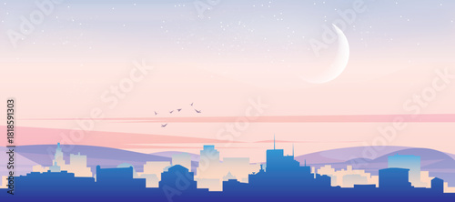 Panoramic poster of the city skyline with misty background buildings, hills sunrise, sunset and clouds of BUENOS AIRES, ARGENTINA