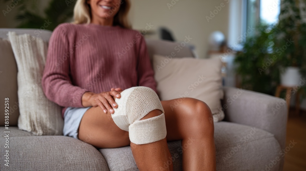 Fototapeta premium A young woman with a knee bandage sits comfortably on a sofa, showcasing resilience and a cozy atmosphere.