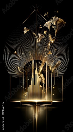 Abstract golden cityscape with radiating lines and fan-like shapes, resembling fireworks, against a black background. Art Deco style.