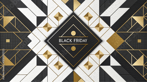 An elegant, symmetrical Art Deco pattern in black, white, and gold serves as a luxurious backdrop for a central diamond shape containing the text "BLACK FRIDAY."