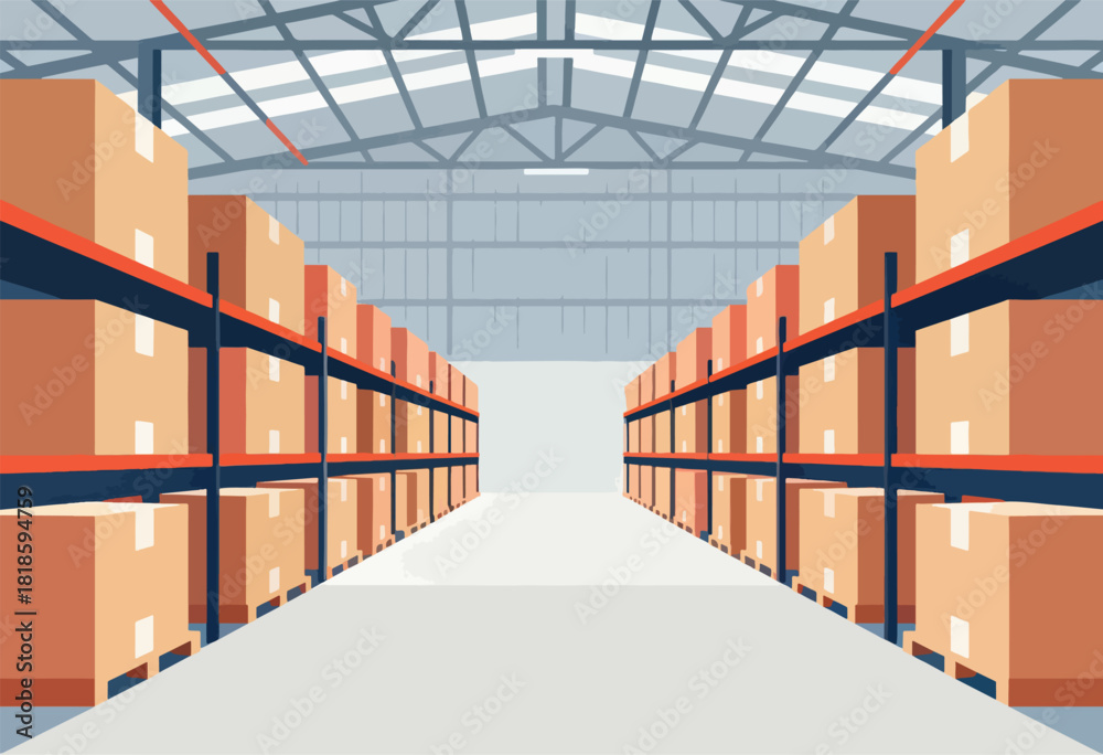 Fototapeta premium A vector illustration depicts a warehouse interior filled with rows of boxes on shelving. The perspective creates a sense of depth