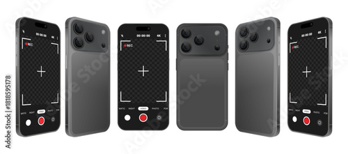 3D Smartphone Mockup Front, Back and Side View – 4K Recording Camera UI, Video Screen Interface, Triple-Lens Mobile Phone Template