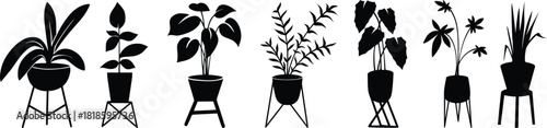 Potted plants silhouette icon set. Black color indoor houseplants in flowerpots. Botanical floral elements in pots for home decor. Flat monochrome vector illustration isolated on white background.