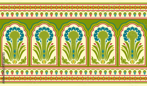 Multi-color seamless floral pattern, horizontal brushes. Indian art legacy. Indian, Arabic, Middle East classic style. Suzani style and colors. 