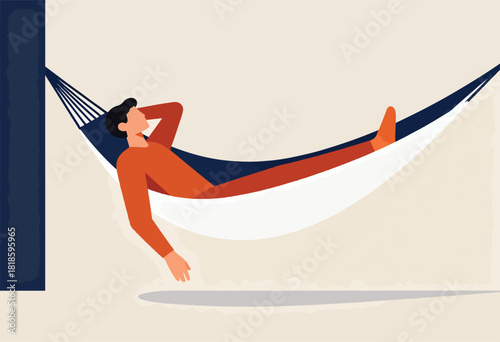 Abstract illustration of a person relaxing in a hammock, rendered in flat color, against a cream background