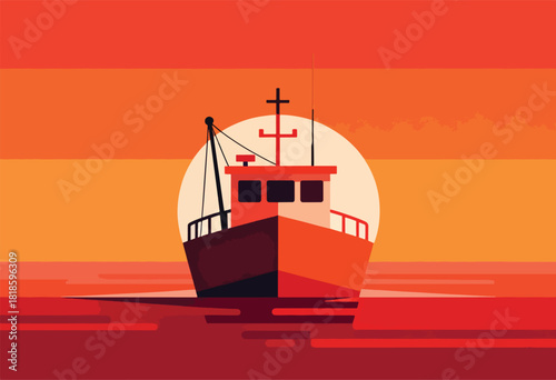 A minimalist illustration of a fishing vessel against a sunset. The sun is a pale circle behind the boat