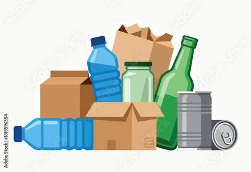 A collection of various recyclable materials, including plastic bottles, cardboard boxes, and glass bottles