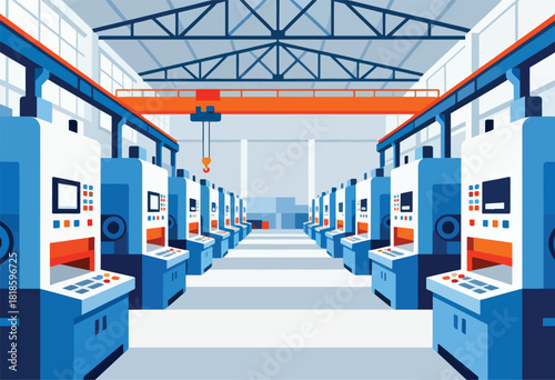 Vector illustration of a factory floor with blue machinery, overhead crane, and a minimalist, stylized look