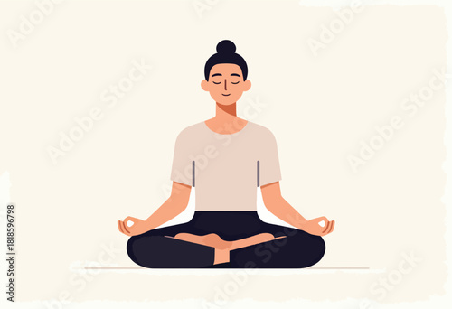 A serene figure in casual attire meditates, eyes closed, in lotus position. Simple art style on a neutral background