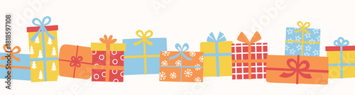 Colourful cartoon present with bow set. Christmas elements. Vector illustration