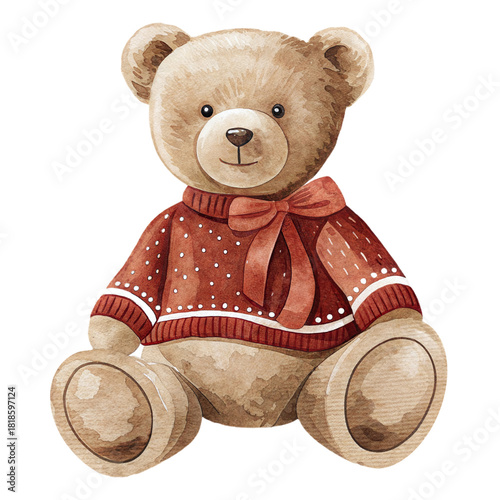 Watercolor Christmas Teddy Bear in Cozy Sweater with Festive Bow Illustration