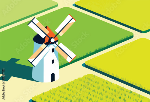 A stylized illustration of a windmill surrounded by geometrically shaped fields of various green and yellow crops