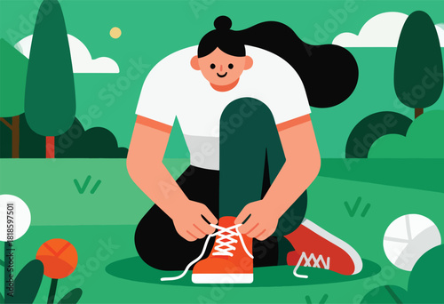Illustration depicts a person tying shoelaces in a grassy, park-like setting. Trees, clouds, and a sun are present