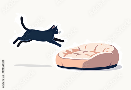 A dark blue cat jumps towards a plush beige bed on a white background, creating a playful and comfy vibe