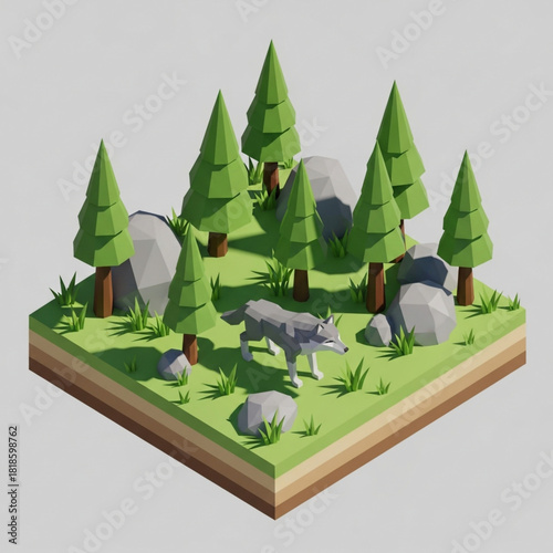 Low poly wolf standing in a forest clearing with trees and rocks on a small square of land.