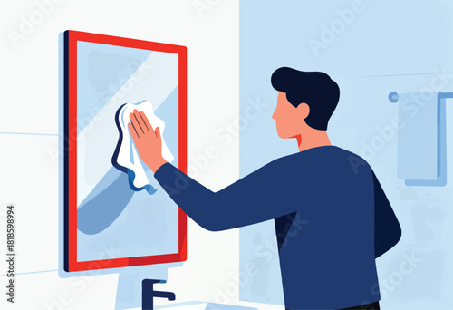 Illustration of a man cleaning a bathroom mirror. He holds a cloth, wiping a framed mirror while in a blue bathroom