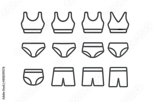 Set of outline icons depicting various types of lingerie, panties, sports tops, and boxer shorts