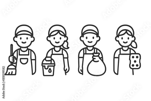 Cleaning service staff holding various tools including a broom, bucket, and trash bag