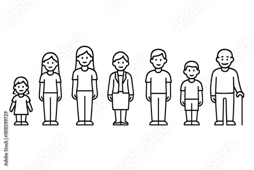Black outline figures showing different generations and age stages of people standing