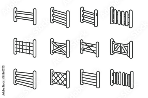 Collection of various simple outline icons depicting different types of farm fences and wooden gates
