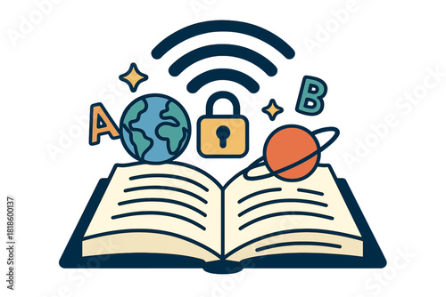 Open book with global knowledge, digital security, and learning symbols floating above pages