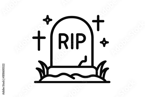 Tombstone with RIP inscription surrounded by crosses and grass in a cemetery setting