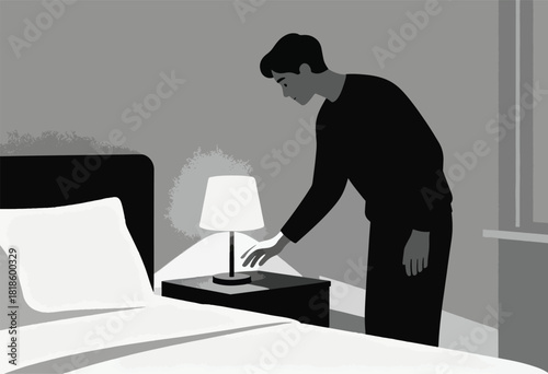 A monochrome illustration of a man reaching to turn off a bedside lamp beside a bed