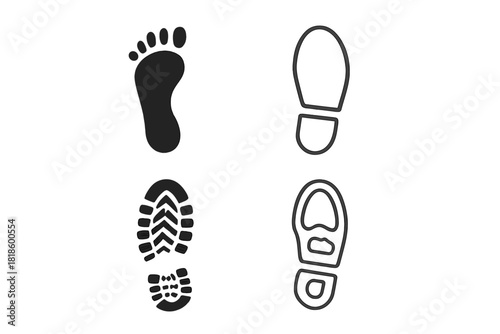 Set of human footprints and shoe sole marks in black silhouette and outline